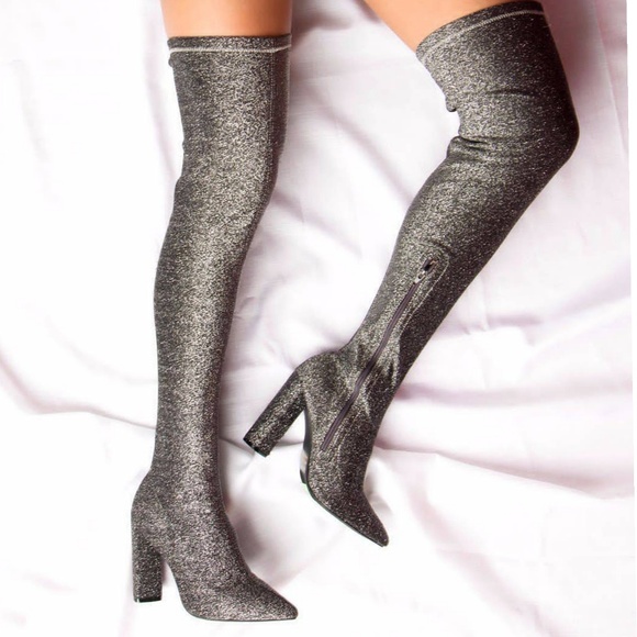Last 7 pewter Stretch Lurex Thigh High Boots - Picture 2 of 2